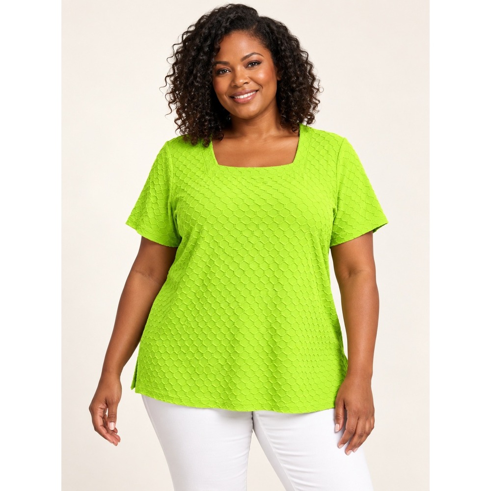 Kim Rogers Curvy Lime Green Textured Square Neck Short Sleeve Top 1X NEW